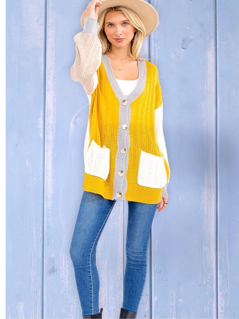 BiBi Mustard Color Block Button Cardigan Sweater | Oversized Cozy Knit | Pockets - Picture 8 of 14